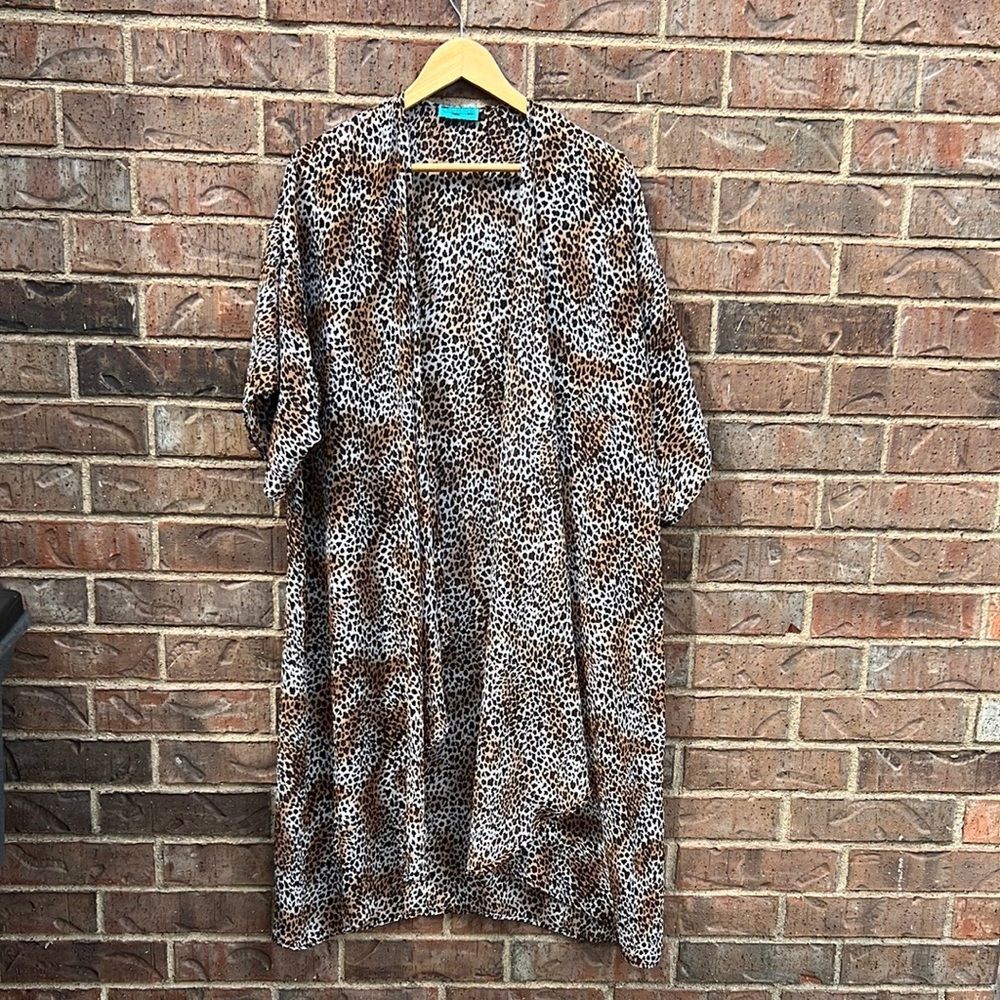 Leopard Print Kimono Duster Turquoise Haven Boho Chic Beach Cover Up One Size OS